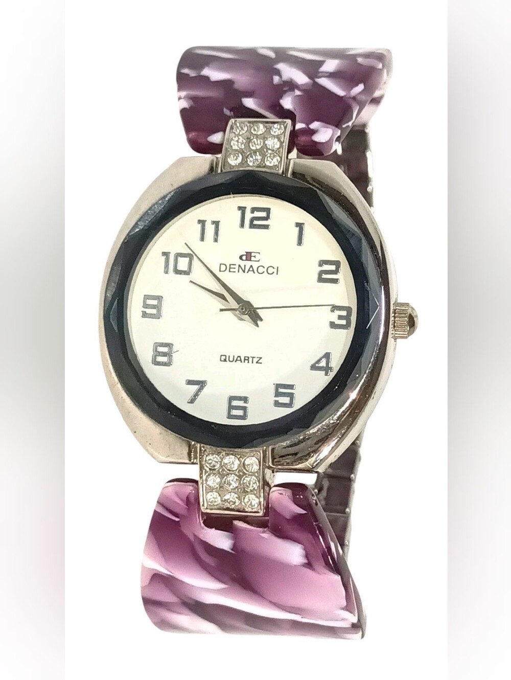 Vintage Denacci Ladies Quartz Bracelet Watch Purple & White Design w/Silver Band